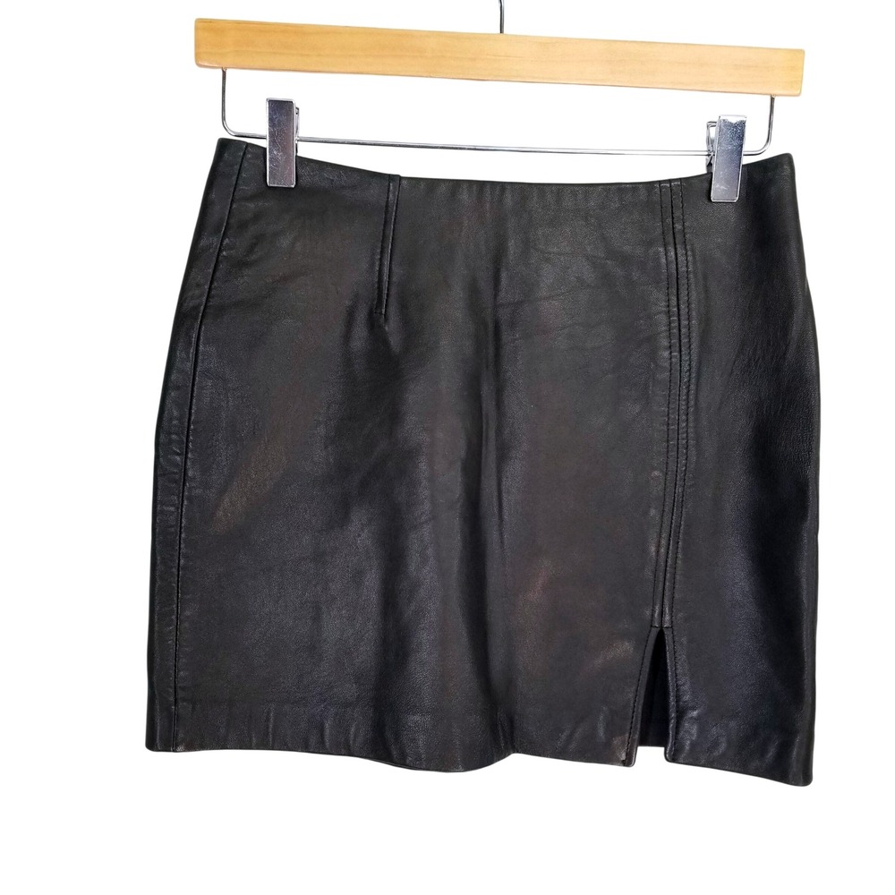 Express Black Genuine Leather Mini Skirt Front Slit Size 3/4 Edgy Y2K 90s Vtg
